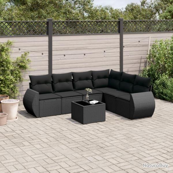 Salon de jardin 7 pcs avec coussins noir r�sine tress�e