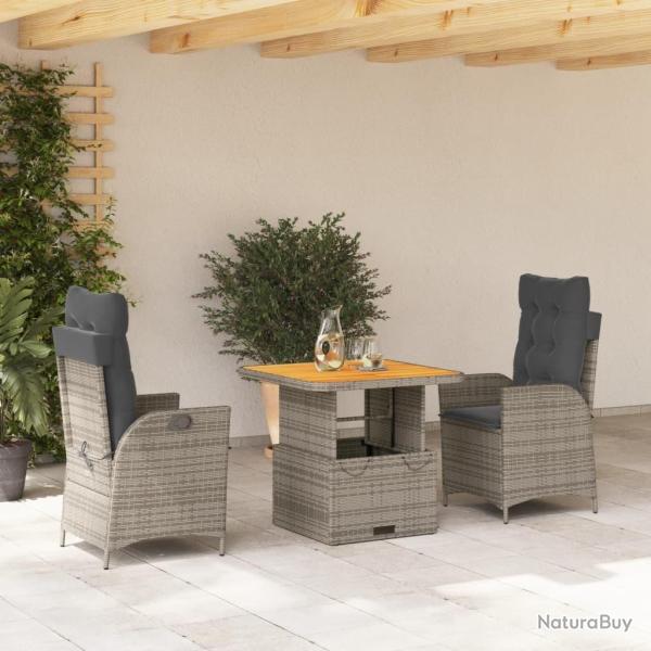 Ensemble � manger de jardin 3 pcs coussins gris r�sine tress�e