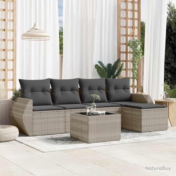 Salon de jardin 6 pcs avec coussins gris clair r�sine tress�e