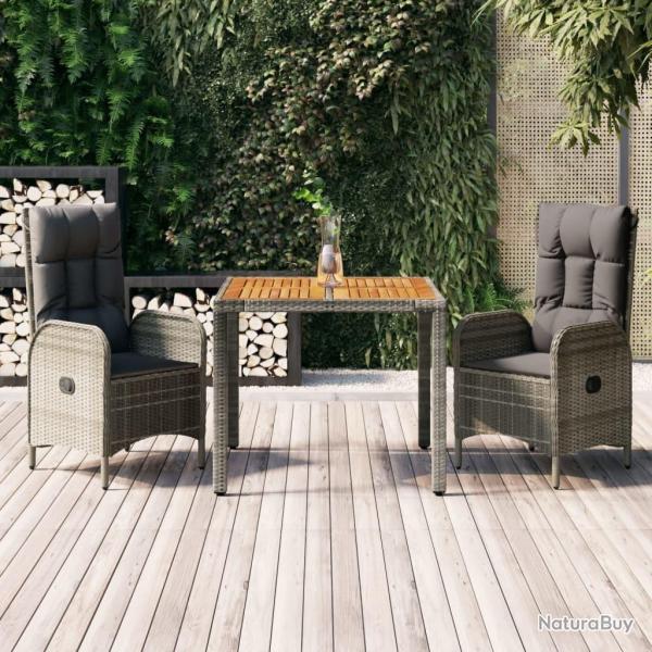 Ensemble � manger de jardin 3 pcs coussins gris r�sine tress�e