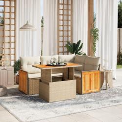 Salon de jardin avec coussins 5 pcs beige r&eacute;sine tress&eacute;e