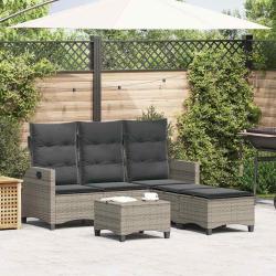 Salon de jardin 3 pcs avec coussins forme L gris r&eacute;sine tress&eacute;e