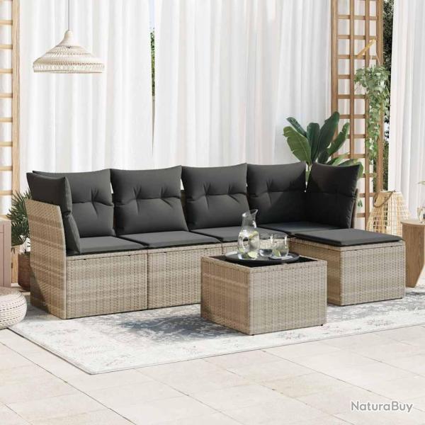 Salon de jardin 6 pcs avec coussins gris clair r�sine tress�e