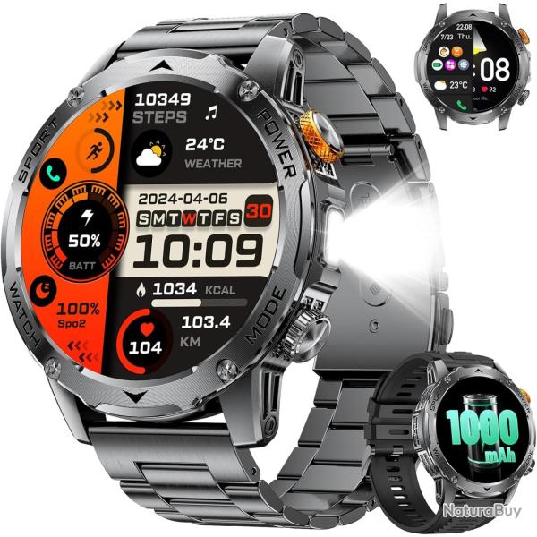 Montre Connect�e Homme avec Appel Bluetooth-1000mAh Batterie,1.75" HD Grand �cran/LED Lampe,24/7 Som