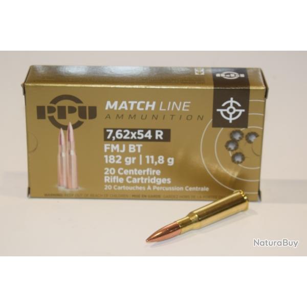 1 boite  20 cartouches Partizan  de calibre 7,62x54R match 182 grains FMJ-BT