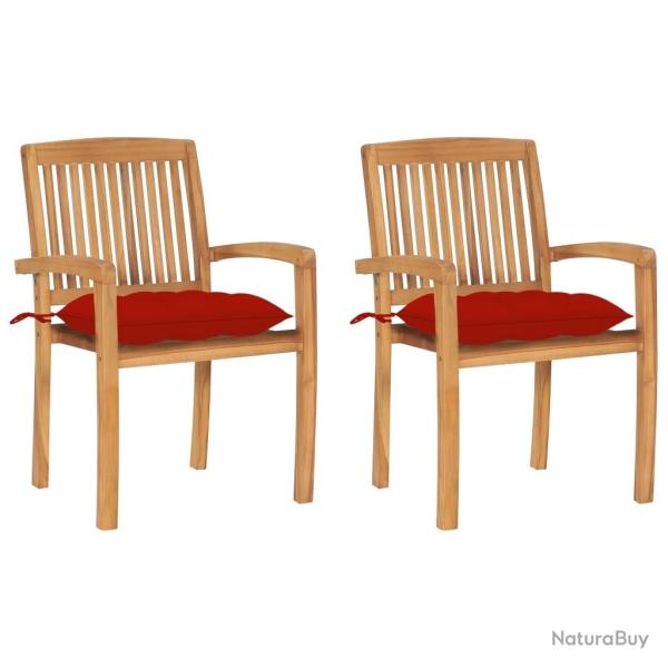 Chaises de jardin lot de 2 et coussins rouge Bois teck massif
