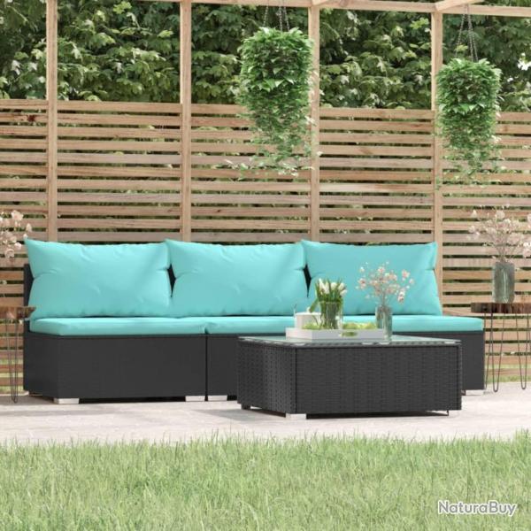 Salon de jardin 4 pcs avec coussins Noir Rsine tresse