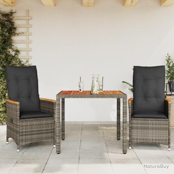Ensemble de bistro 3 pcs avec coussins gris r�sine tress�e
