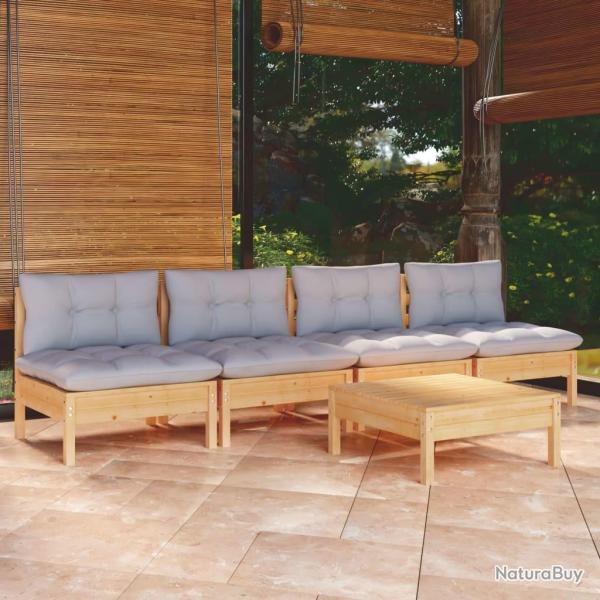 Salon de jardin 5 pcs avec coussins gris bois de pin