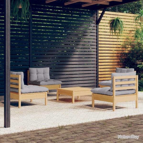 Salon de jardin 5 pcs avec coussins gris bois de pin