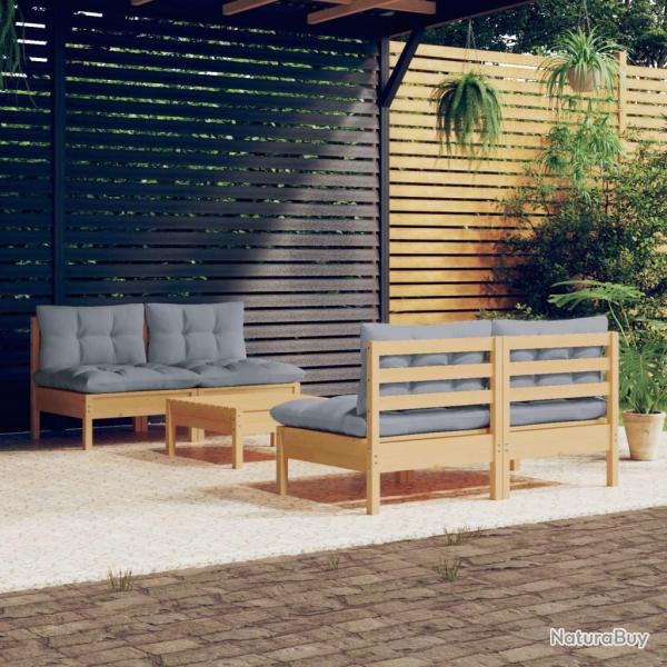 Salon de jardin 5 pcs avec coussins gris bois de pin