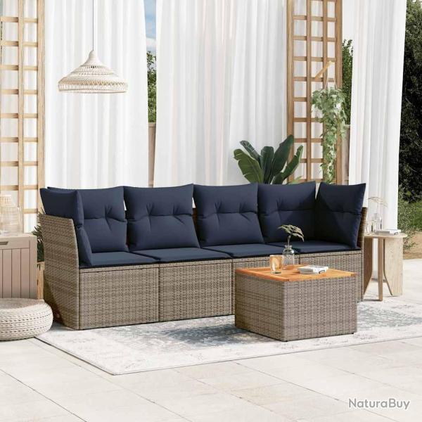 Salon de jardin 5 pcs avec coussins gris r�sine tress�e