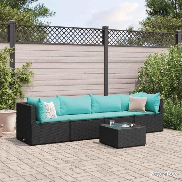 Salon de jardin 5 pcs avec coussins Noir R�sine tress�e