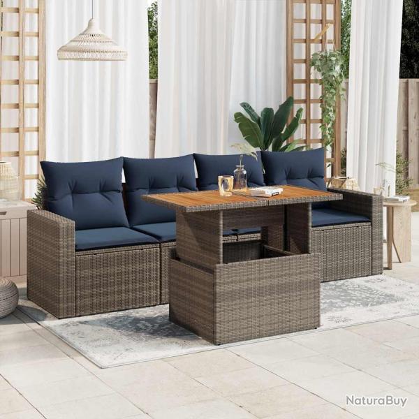 Salon de jardin 5 pcs avec coussins gris r�sine tress�e