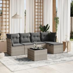 Salon de jardin 6 pcs avec coussins gris clair r&eacute;sine tress&eacute;e