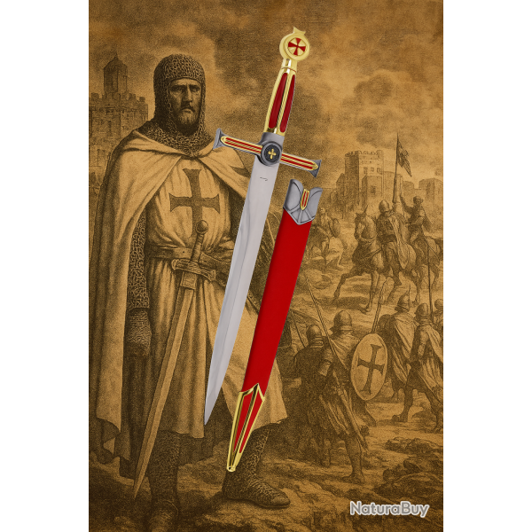 Amont S0235SA - Dague Templier avec Croix Rouge et Gaine en Cuir