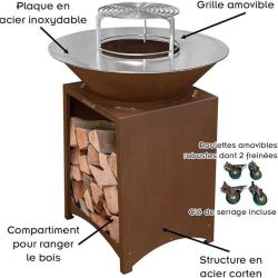 Brasero en acier corten FIESTA avec plaque et grille amovible inox barbecue plancha ext&eacute;rieur &Oslash; 75 c