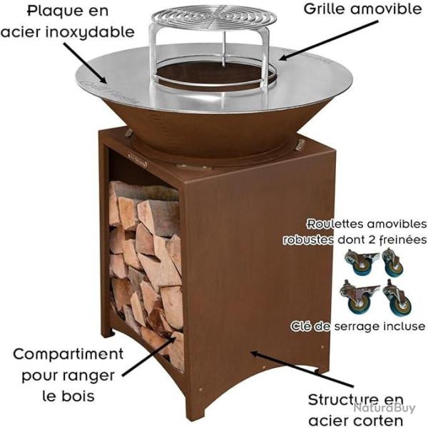 Brasero en acier corten FIESTA avec plaque et grille amovible inox barbecue plancha ext�rieur � 75 c