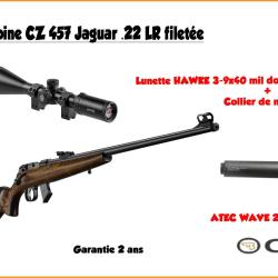 Pack CZ 457 Jaguar .22 LR filet&eacute;e + hawke 3-9x40 + silencieux 1/2X20 UNF