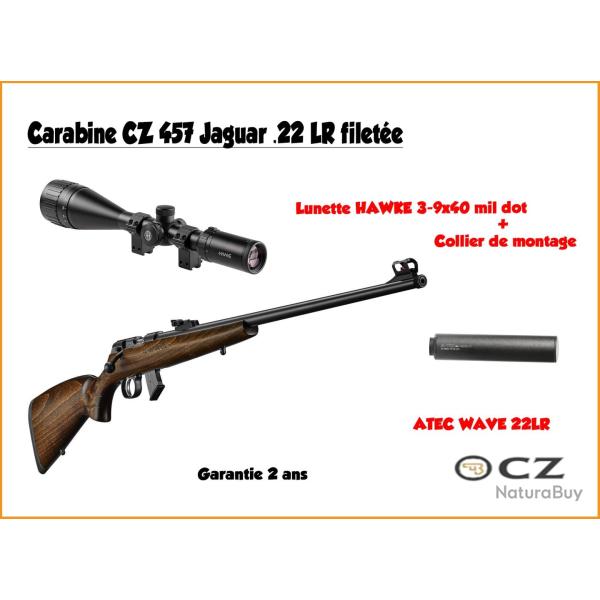 Pack CZ 457 Jaguar .22 LR filet�e + hawke 3-9x40 + silencieux 1/2X20 UNF