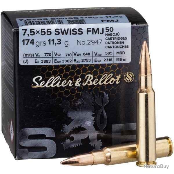 Munitions Sellier & Bellot Calibre 7,5X55 Swiss FMJ 174 grains par 50