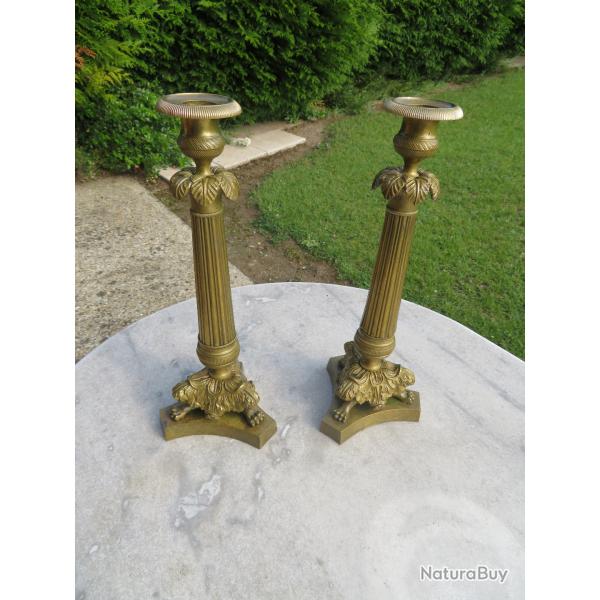 Ancienne grande paire de bougeoirs en Bronze dor�e - �poque Empire/Restauration - FRANCE  (XIX�me)