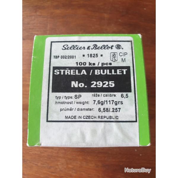 Ogives Sellier Bellot 117 grains SP calibre 6,5 en sachet de 100