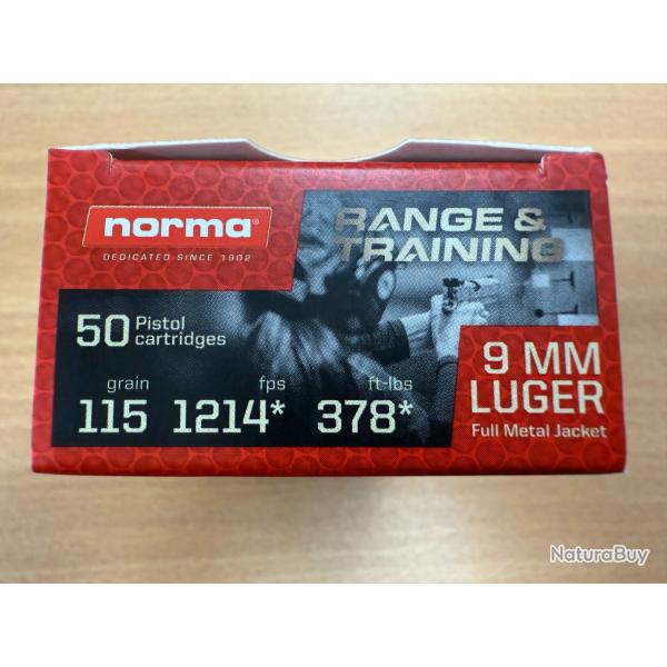 NORMA CAL 9MM LUGER FMJ 7.5G VENDU PAR 4 BTES DE 50 BALLES FRAIS DE PORT OFFERT