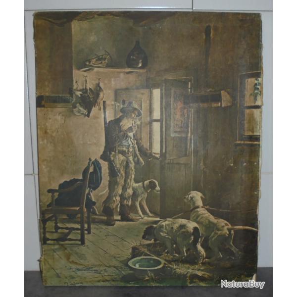VINTAGE CADRE DECO REPRODUCTION TABLEAU PEINTURE CHASSEUR