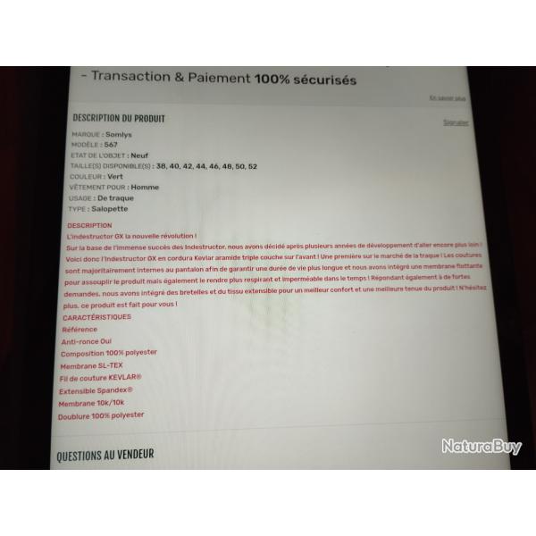 Pantalon de chasse somlys indestrutor gx kaki 567.Taille 42. Servi quelques fois