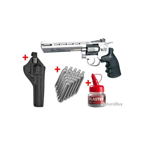 Pack REVOLVER 4.5mm (Billes) DAN WESSON 6" CO2 SILVER + SPARCLETTES + BILLES + HOLSTER ASG