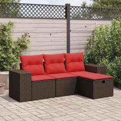Salon de jardin 4 pcs avec coussins marron r&eacute;sine tress&eacute;e