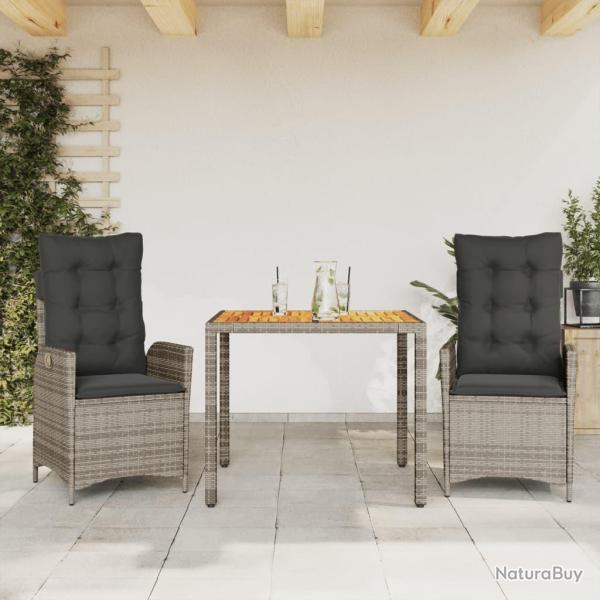 Ensemble � manger de jardin 3 pcs coussins gris r�sine tress�e