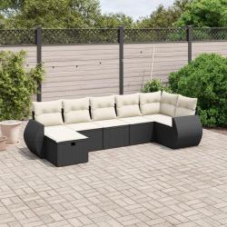 Salon de jardin 7 pcs avec coussins noir r&eacute;sine tress&eacute;e