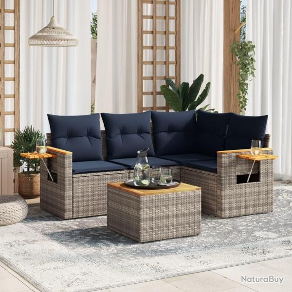 Salon de jardin 5 pcs avec coussins gris r�sine tress�e