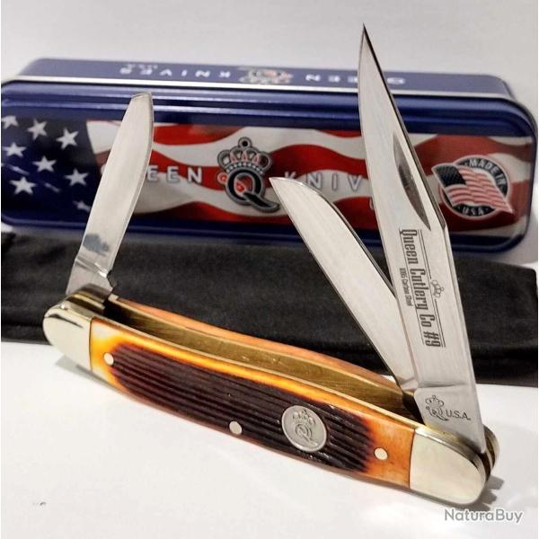Couteau Queen USA Stockman 3 Lames Acier 1095 Carbone Manche Os Winterbottom Ambre Slip Joint QAWB47