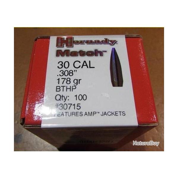 lot 100 ogives Hornady , cal 30, poids 178grs, BTHP