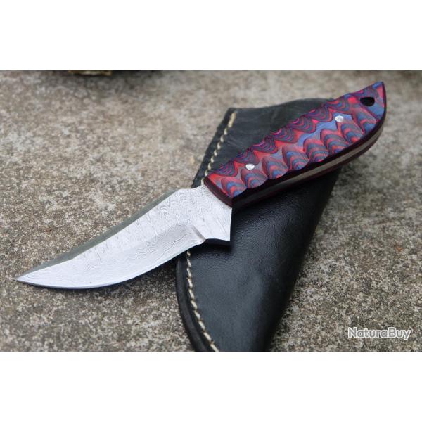 Skinner Couteau de Chasse Damas Lame 256 Couches Manche Bois Blue/Red 3D Fabr Artisanale Etui Cuir01