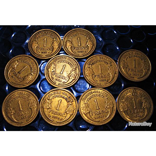 France serie de  10 pieces  1 franc Morlon 1931-32-33-34-36-37-38-39-40-41ttb
