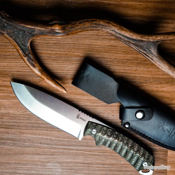 Couteau Bushcraft SPIKA Bushmaster Dogtooth Lame Acier D2 Manche Pakkawood Etui Cuir SPIKBUFB100
