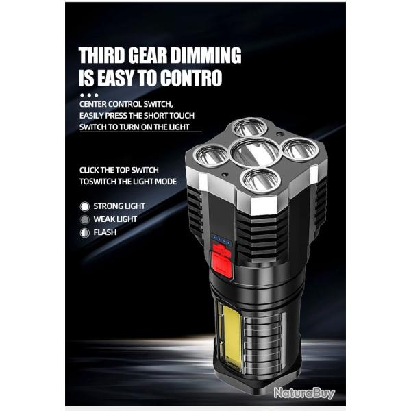 Lampes de poche LED haute puissance 5LED, projecteur de Camping Rechargeable avec lumi�re lat�rale,