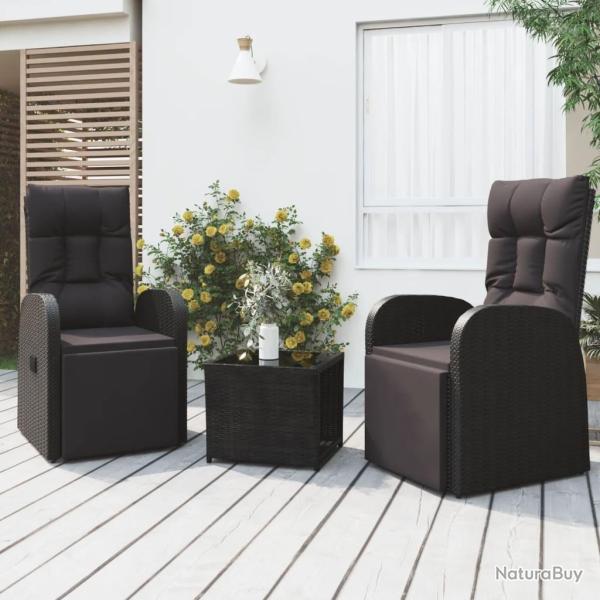 Ensemble de salon de jardin 3 pcs noir poly rotin et acier
