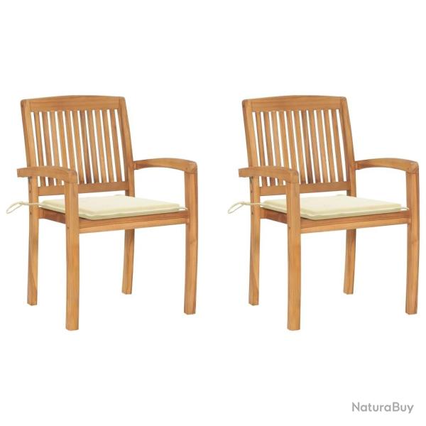 Chaises de jardin lot de 2 et coussins cr�me Bois teck massif