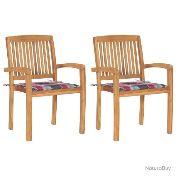 Chaises de jardin lot de 2 avec coussins  carreaux rouges Teck