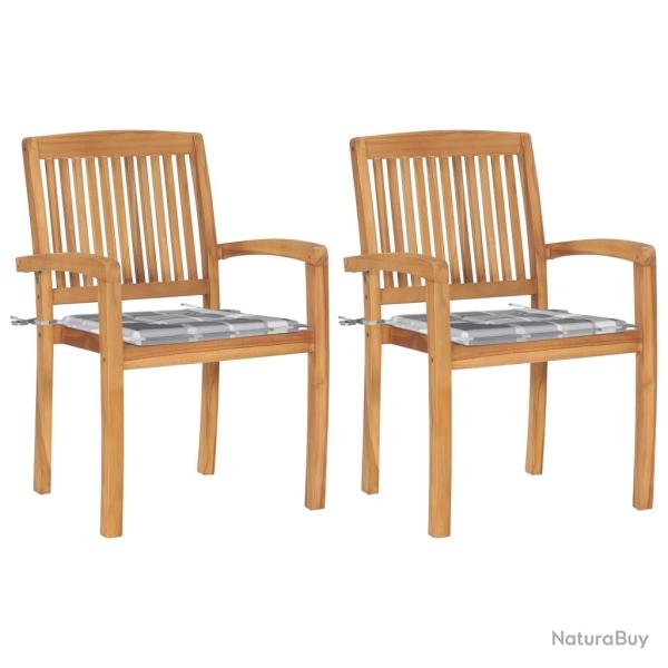 Chaises de jardin lot de 2 avec coussins  carreaux gris Teck