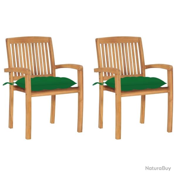 Chaises de jardin lot de 2 et coussins vert Bois de teck massif