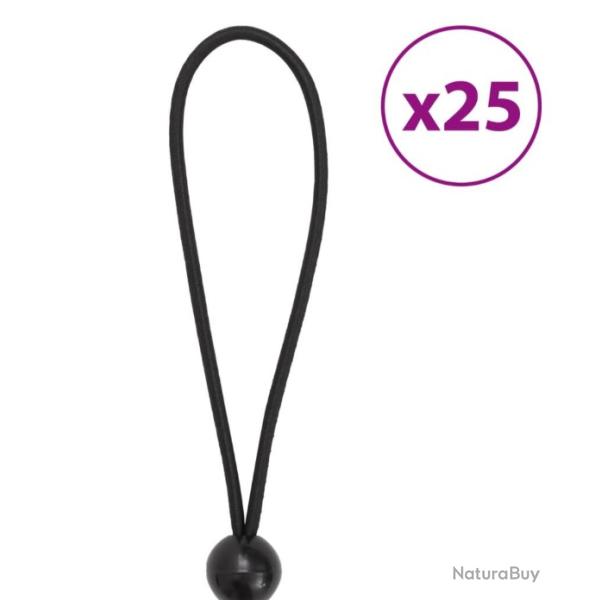 Lot de 25 cordes lastiques noires avec balles 21x0,5 cm Fixation pratique pour intrieur/extrieur