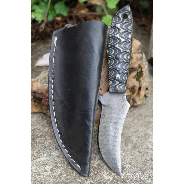 Skinner Couteau de Chasse Damas Lame 256 Couches Manche Bois Black/White 3D Fab Artisanale Etui Cuir