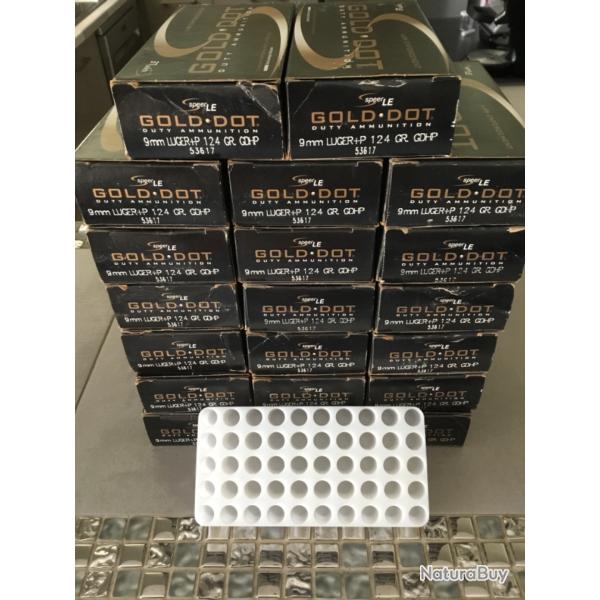 Lot de 20 boites vides GOLD DOT 9 mm Luger avec plateau