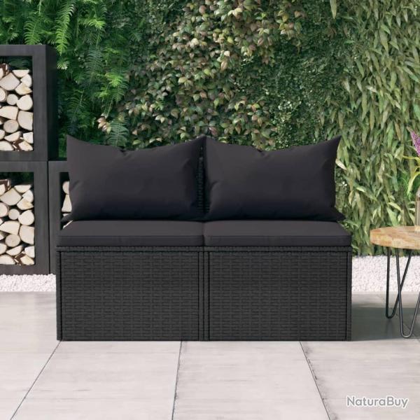 Canap�s centraux de jardin et coussins 2pcs Noir R�sine tress�e